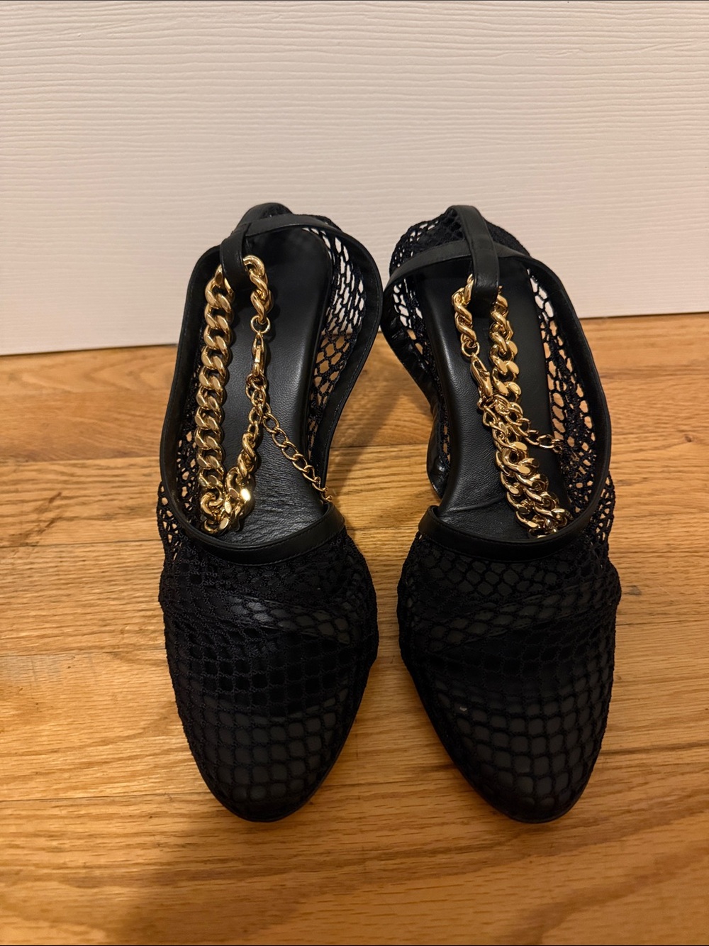 Bottega Veneta Black Mesh Slingback Mules with Gold Chain